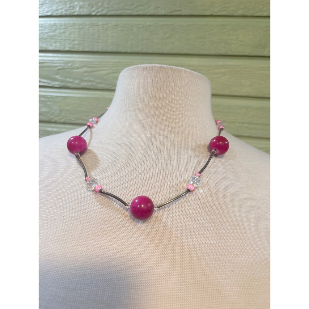 Magenta and Pink Beaded Necklace Silver Tone Spacers Clear Faceted Beads 22 Inch